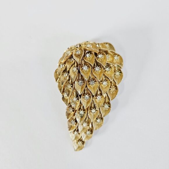 Amerique Vintage '50s Signed Brushed Gold Tone Double Leaf Rhinestone Brooch Pin - Picture 3 of 8